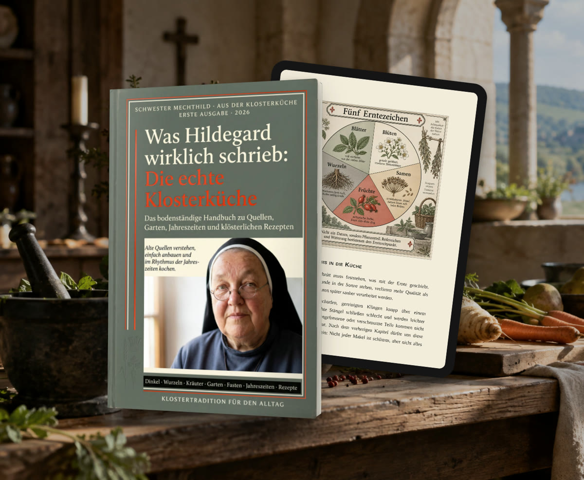 Das Buch „Was Hildegard wirklich schrieb: Die echte Klosterküche“ und ein Tablet mit einer Buchseite auf einem Küchentisch
