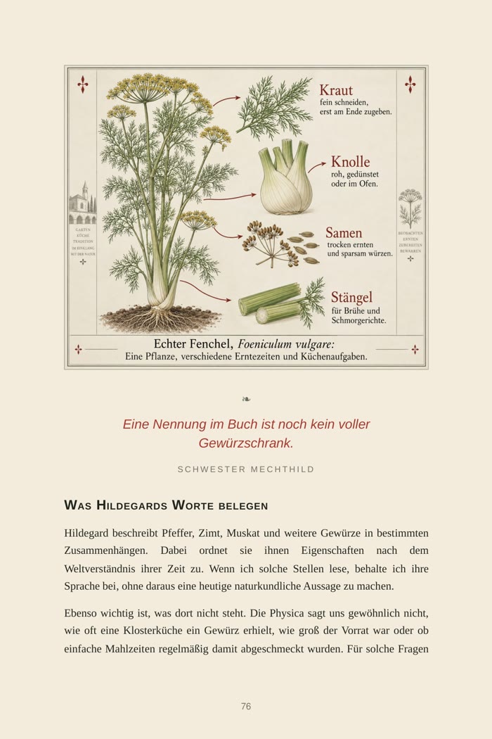 Buchseite: Illustration „Echter Fenchel“ mit Kraut, Knolle, Samen und Stängel